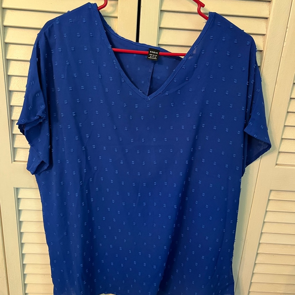 SHEIN Deep Blue Textured V-Neck Blouse